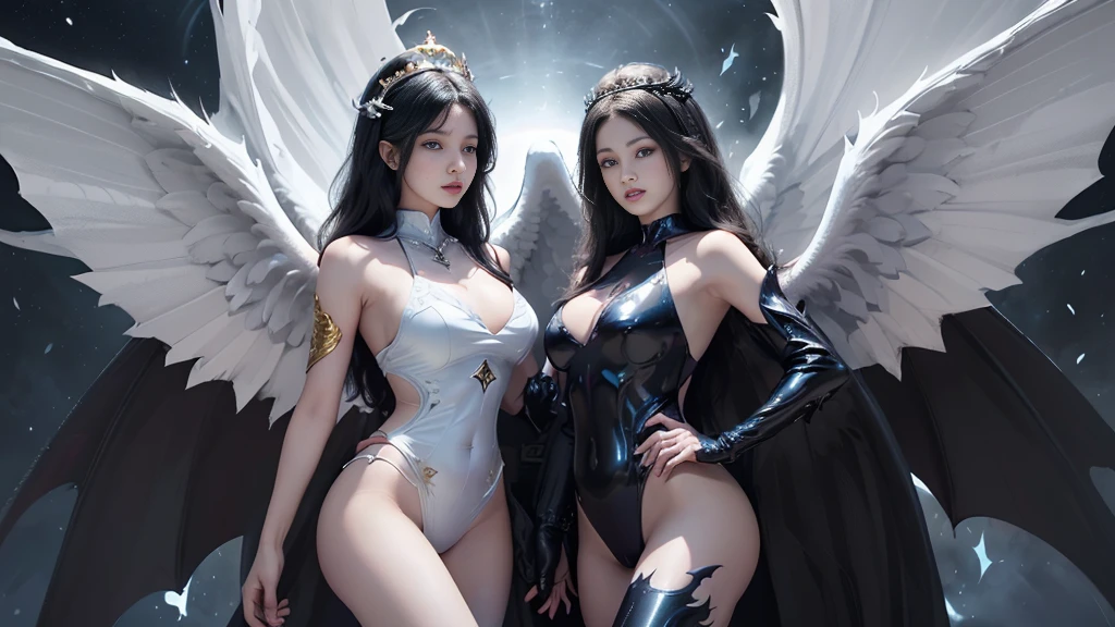 Focus on the wings in 2 colors, black and white., (Realistic picture, highest resolution, 16ก), (A demon god with wide wings and enormous power on his shoulders..., Twelve wings on the shoulders., black bat wings:1.3 white angel wings:1.5), 6 angel wings, 6 devil wings, (Beautiful girl with two meter long hair, shiny black hairงาม, Smooth white skin, Lips are very red.), ((stand, already)), (big breasts, หัวBig tits), (gigantic breast, breast augmentation, Breast 400 cc., small waist, hips raised, small thighs, Long legs), (dynamic poses), (Armor that slightly conceals the body), Separate theme, (Angel wings and devil wings), floating in the air above the groundดิน, background darkness, Embraced with twelve wings, wearing a large king crown, crown shining bright, wears little armor, There is power coming out of the body., sparkling wings, white light black light, amazing wings, beautiful gesture, 8K resolution, Resolution 4000 x 2250 pixels, beautiful gesture, Angel wings and devil wings, (Realistic picture, highest resolution, 16K), (A demon god with wide wings and enormous power on his shoulders.., Twelve wings on the shoulders., black bat wings:1.3 white angel wings:1.5), Have wings 100 Have wings 1000, Angel wings and bat wings, wings inserted between wings, 12 wings, 6 angel wings, 6 bat wings, (Beautiful girl with two meter long hair, shiny black hair, Smooth white skin, Lips are very red.), very long hair, ((stand, toe)), (big breastsโต, หัวBig tits), (gigantic breast, small waist, hips raised, small thighs, Long legs), (dynamic poses), (black and white leotard, There are beautiful patterns., Decorated with gold embroidery., Show off your chest), Separate theme, (Angel Wings and Demon Lord Wings), floating in the air above the ground, background darkness, Embraced with twelve wings, white and black light crown, A rainbow glow on the back of the head, The most busty breasts, Big tits, universe backdrop, dynamic gesture.