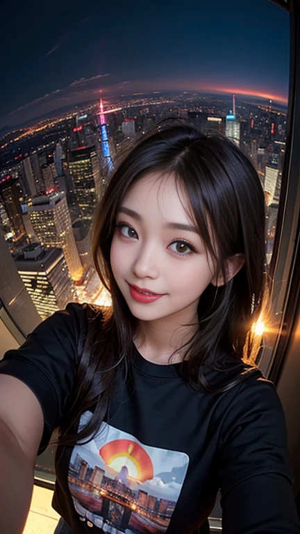 One girl, Korean, Fisheye Lens, Selfie, Wind, Messy Hair, sunset, Cityscape, (Aesthetics and atmosphere:1.2),smile