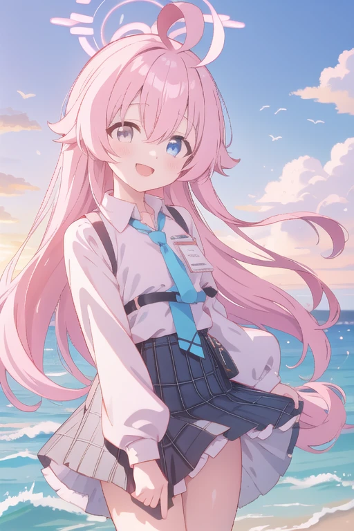 Anime Style, In the sky, Across the sea, Open both eyes, Takanashi Hoshino、Pink Hair、Ahoge、Odd Eye、In the sunset, smile, masterpiece, 4K, Detailed face, Good anatomy, highlight,