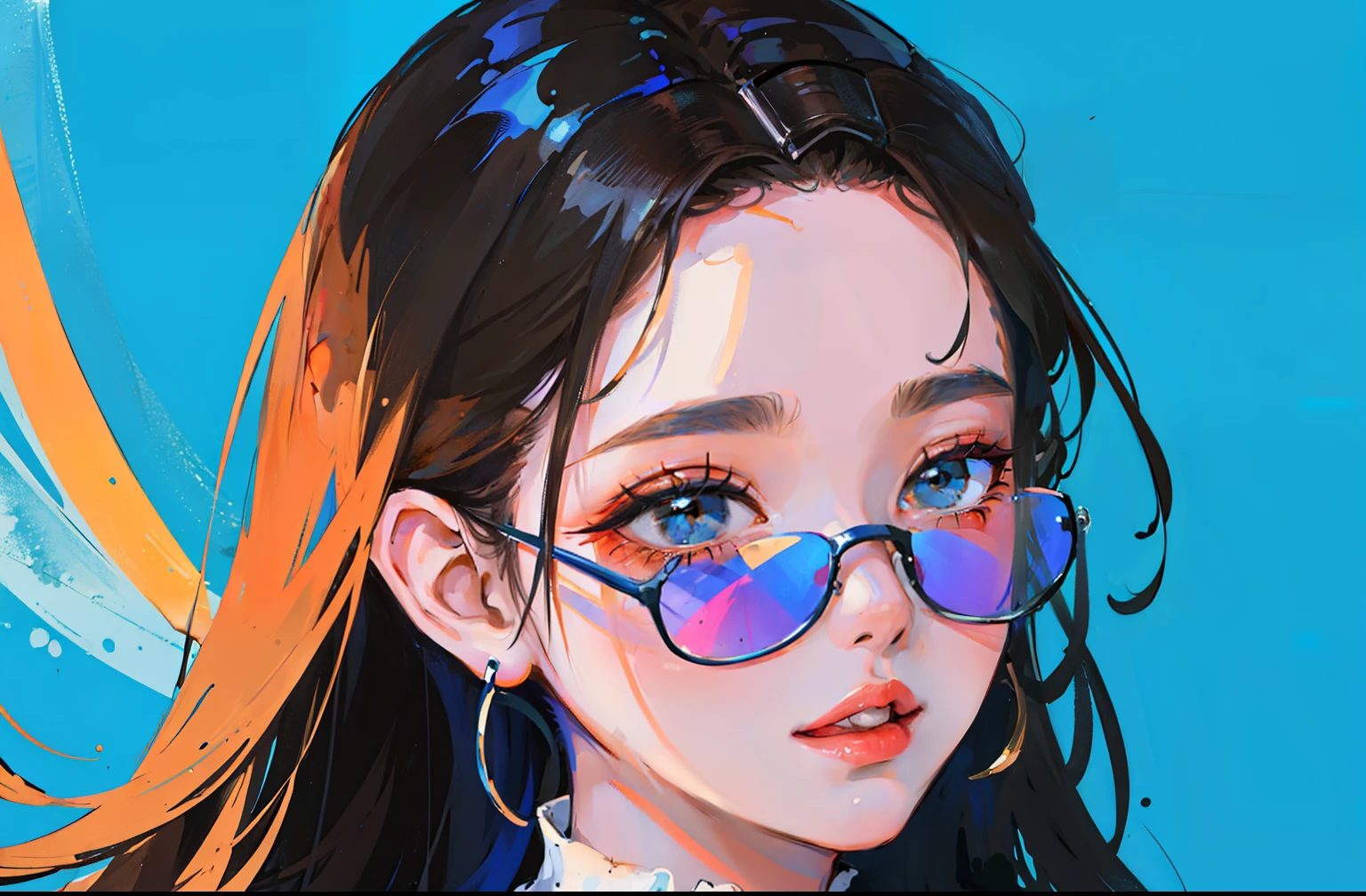 (portraits:1.4), (Masterpiece artwork:1.2, best qualityer:1.2), From above, upperbody, 1girl, look up to, facefocus, extreme detailed face, extremely detailed eyes, goodlooking, make-up, finger on lips, sun glasses, moda wear, aretes, ayes blue, blue background,
