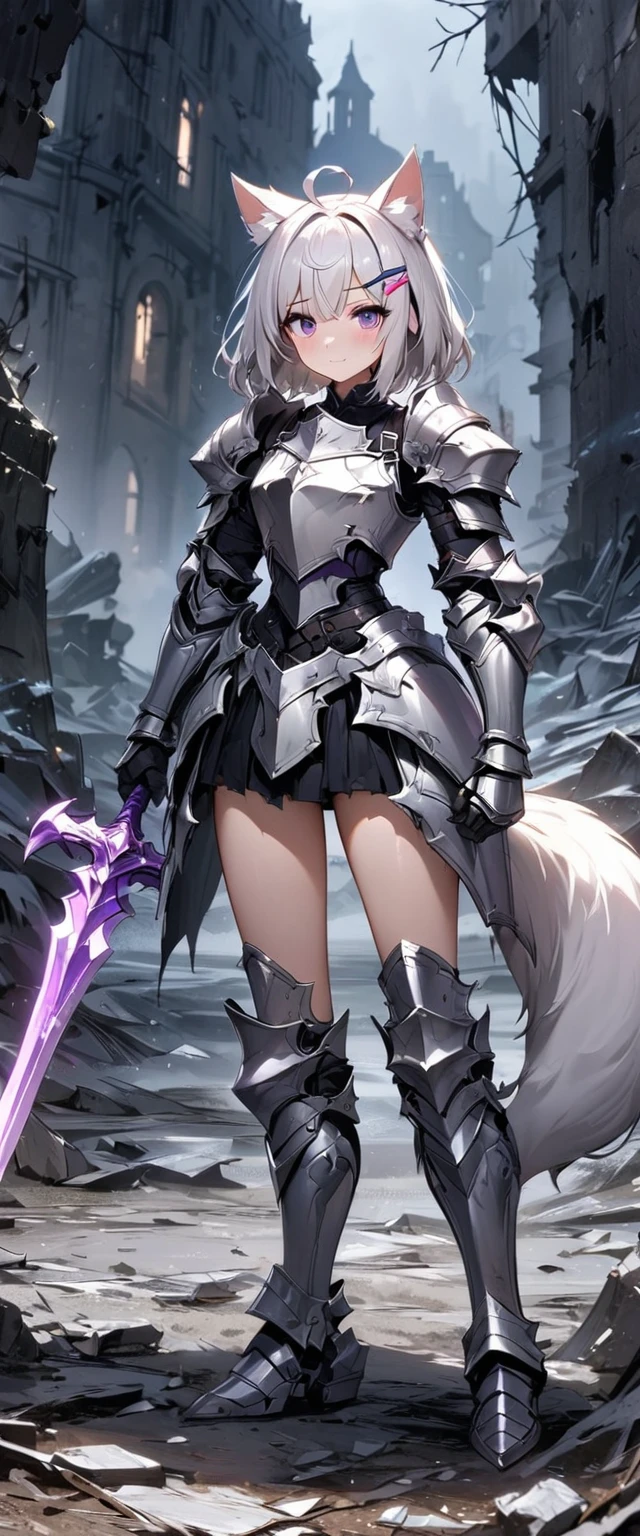 UHD, masterpiece, best quality, extremely detailed, anatomically correct, sharp focus, midnight, gloomy atmosphere, frontal light, soft light, diffused light, shade, no shadow, ((battlefield)), abandoned castle, broken castle, broken walls, broken floors, broken windows, broke glass, 1girl, solo, Filian, fox tail, small cat ears, white hair, short hair, shoulder length hair, ahoge, (hairclip:1.5), (hair bell:1,3), hair ornament, hair bell, big eyes, deep violet eyes, blush, closed mouth, slight smile, white knight's armor, metal breastplate, metal gauntlet, slim arms, hands wielding purple crystal sword, sword and shield, armored skirt, slim legs, leg armor, metal greaves, armored boots, full body shot, full body pose, Eye-Level Shot, front view, full body pose,