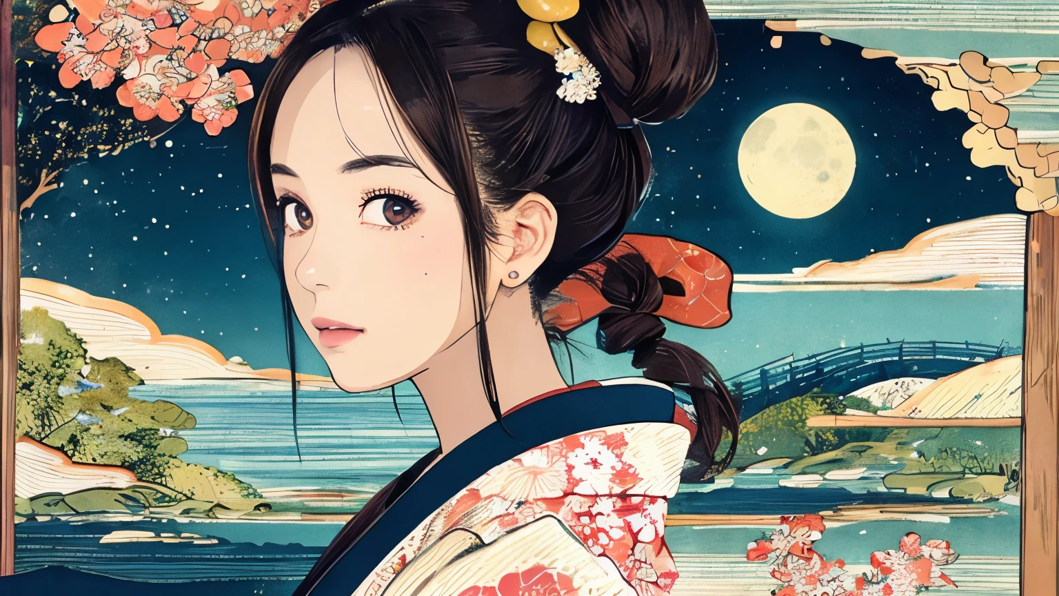 (Highest quality, 8k, masterpiece, High resolution), (whole body), Vibrant colors, Brown-black bob, Traditional topknot, Ample breasts, (Highly detailed face and eyes, Beautiful Face, Beautiful Eyes, Beautiful nose, Pretty lips), Official Art, Ukiyo-e style, (Beautiful woman in kimono), (Vivid floral patterned kimono), background, river, bridge, Mountain, wood, Starry Sky, moon, Detailed CG,