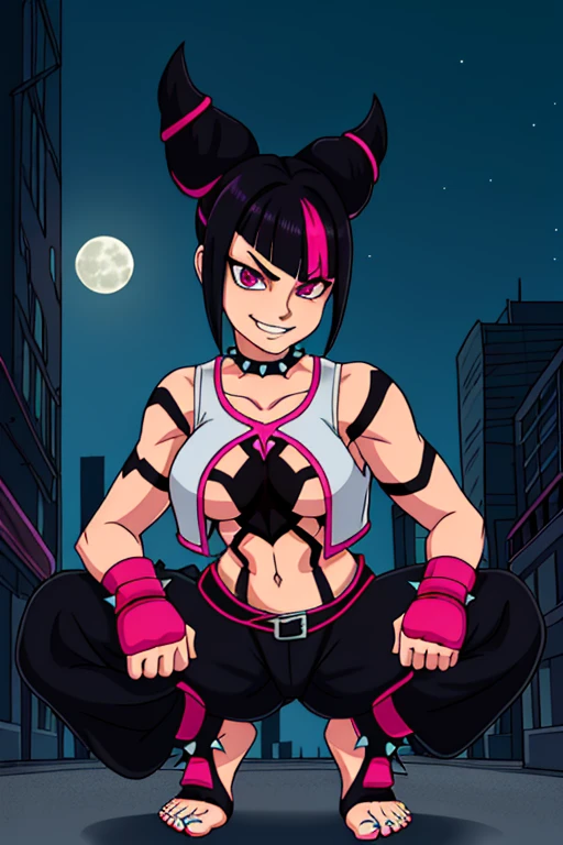 [juri], [SFVI], [street fighter 6], ((masterpiece)), ((HD)), ((high res)), ((solo portrait)), ((full body)), ((front view)), ((feet visible)), ((anime)), ((detailed shading)), ((intricate details)), ((cinematic lighting)), {(beautiful woman), (short black hair), (two toned hair), (pink highlights in hair), [hair horns], (cute eyes), (purple right eye), (cyan left eye), (two eye colors), (different colored eyes), (Heterochromia iridum), (short eyelashes), (pink nails), (small boobs), (defined muscles), (curvy hips), (beautiful legs), (beautiful feet), (smug grin)}, {(white vest), (underboob), (navel), (purple belt), (black baggy pants), (inner-thighs gap in pants), (thighs visible), (black panties visible), (black toeless socks), (spiky bracers), (spiky choker)}, {(squatting), (looking at viewer)}, [Background; (city streets), (skyscrapers), (nighttime), (starry sky), (full moon), (ambient lighting)]