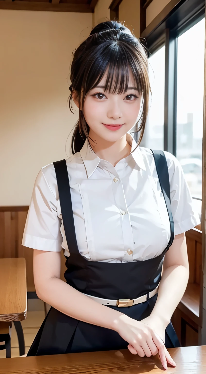 (Highest quality,masterpiece:1.3,Ultra-high resolution,),(Very detailed,Caustics),(Realistic:1.4,RAW shooting,)Ultra-Realistic Capture,Very detailed,High resolution 16K human skin closeup。 Natural skin texture、,pores、、、、It must be detailed enough to be easily identifiable。 Skin tone is even and healthy looking。 Use natural light and colour,restaurant,Waitress Uniform,1 girl,Japanese,18-year-old,cute,Black-haired,ponytail,Big Breasts,smile,Turn your body forward,(Front view:1.1),Looking into the camera,Cowboy Shot,
