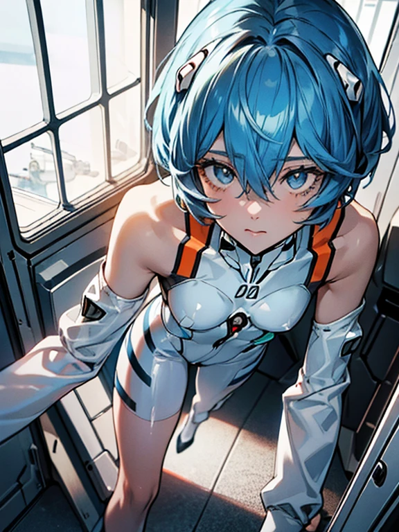 (aerial view),Dynamic Angle,ultra detailed, illustration, close up, straight, 1 girl, ((Rei Ayanami, , interface headphones, mono white 1.4, blue)),Her eyes shone like dreamer stars,(bright Eyes:1.233),(Beautiful and detailed eyes:1.1),(expressionless,Closed mouth),(standing), (mechanical room with tools and spacecraft window in a white SPACESHIP), (evening:1.2),dreamer, [[delicate fingers and hands:0.55]::0.85],(detail fingers),