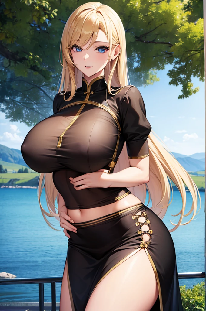 (Art: 1.2), (best quality: 1.2) 1 woman, mature, tall (1.85), She appeared to be around 28 years old, had long golden hair, straight and shiny hair, see blue eyes, extremely detailed, perfect eyes , extremely realistic eyes, well-aligned eyes, long eyelashes, anime style, perfect face, milf face, full lips, smiling, mature, clear skin, natural body, sexy body, MILF body, hands on waist, perfect hands, detailed hands, hands well proportioned to the body, realistic hands, arms with good anatomy, she wore an Chinese black and golden crop top, the crop top still couldn't hide her extremely large and huge breasts that were hanging down due to her size, she also wears a short black and golden skirt thick thighs, wide hips, Looking at the viewer, background scenery, scenery at a Chinese viewpoint on the edge of a lake, in the background posing the setting sun, alone Looking at the viewer, underboob, sideboob, bottem breasts visible, golden hair, the crop top is to small for her so her breasts flop out of the crop top from the bottem of the crop top, the breasts are partely covered