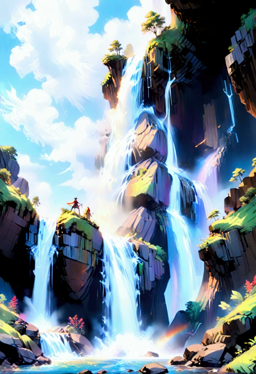 a ((low angle shot: 1.5)), from below of an epic waterfall, there is an epic waterfall coming out of an epic cliff, ((standing really close to the waterfall)) the water coming down in earnest, there is a rainbow reflected on the  water, vibrant, Ultra-high resolution, High Contrast, (masterpiece:1.5), highest quality, Best aesthetics), best details, best quality, highres, 16k, (ultra detailed: 1.5), masterpiece, best quality, (extremely detailed) RAW, (ultra details, Masterpiece, best quality),  ral-czmcrnbw