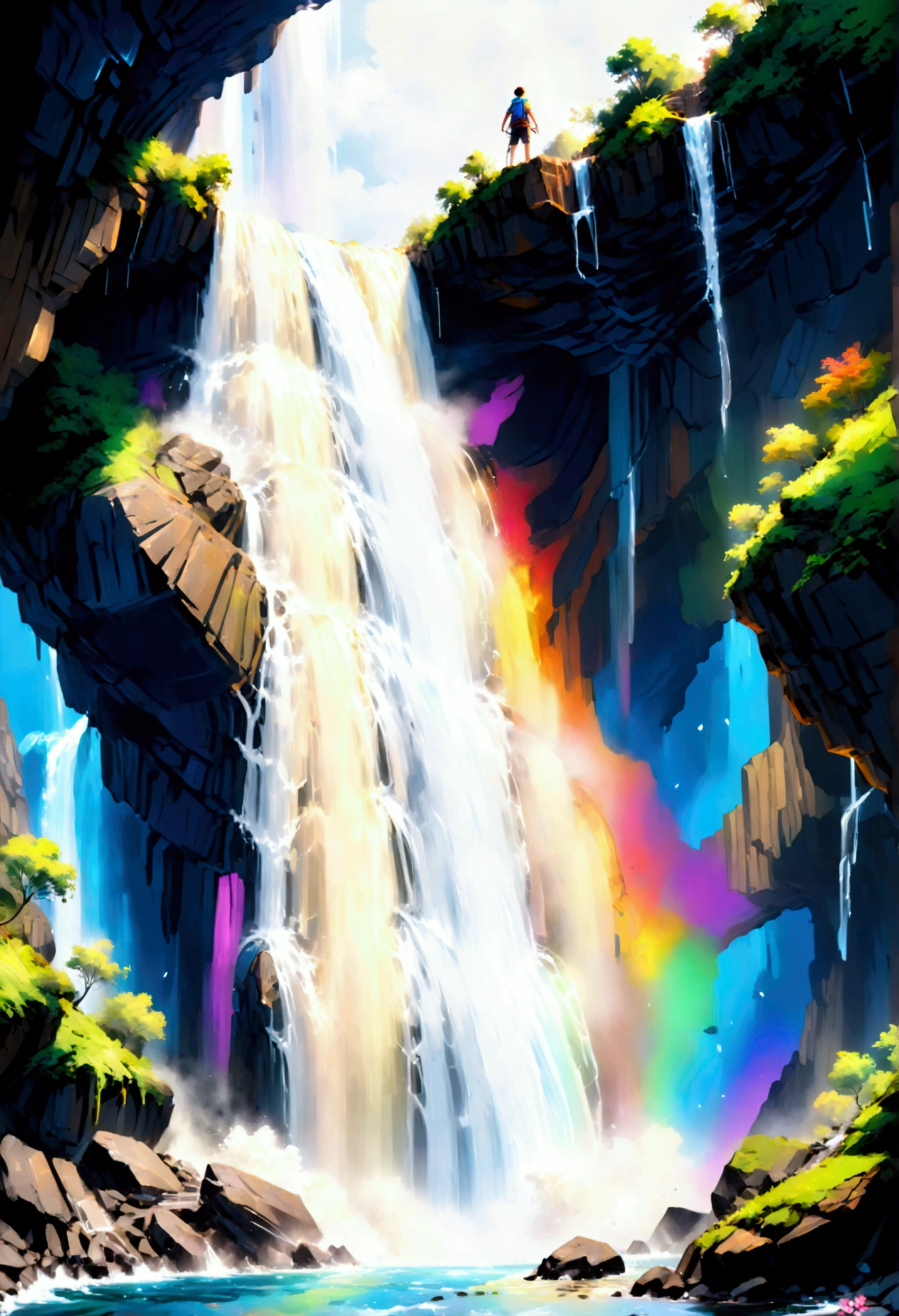 a ((low angle shot: 1.5)), from below of an epic waterfall, there is an epic waterfall coming out of an epic cliff, ((standing really close to the waterfall)) the water coming down in earnest, there is a rainbow reflected on the  water, vibrant, Ultra-high resolution, High Contrast, (masterpiece:1.5), highest quality, Best aesthetics), best details, best quality, highres, 16k, (ultra detailed: 1.5), masterpiece, best quality, (extremely detailed) RAW, (ultra details, Masterpiece, best quality), chumbasket art style, ral-czmcrnbw