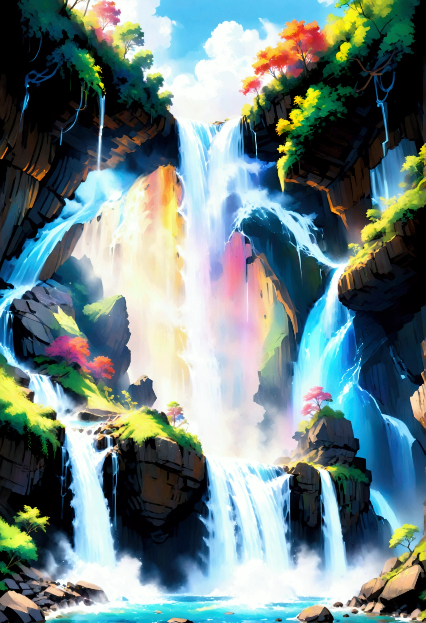 a ((low angle shot: 1.5)), from below of an epic waterfall, there is an epic waterfall coming out of an epic cliff, ((standing really close to the waterfall)) the water coming down in earnest, there is a rainbow reflected on the  water, vibrant, Ultra-high resolution, High Contrast, (masterpiece:1.5), highest quality, Best aesthetics), best details, best quality, highres, 16k, (ultra detailed: 1.5), masterpiece, best quality, (extremely detailed) RAW, (ultra details, Masterpiece, best quality), chumbasket art style, ral-czmcrnbw