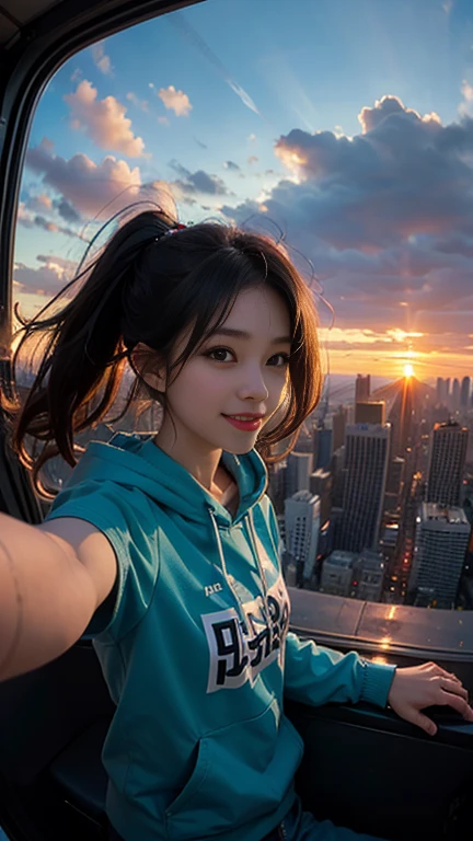 One girl, Korean, Fisheye Lens, Selfie, Wind, Messy Hair, sunset, Cityscape, (Aesthetics and atmosphere:1.2),smile