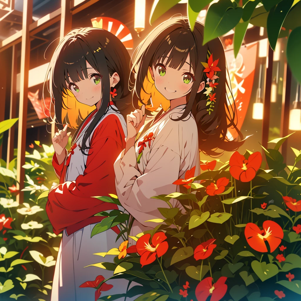 kawaii, anime, Cute, hyper quality, highly detailed, 8k, Clarity, Draw facial expressions in detail, Girl with long dark brown hair and green eyes, anthurium, raise the index fingers of both hands, red anthurium, celebration, smile, raise your index finger, point up with your index finger,