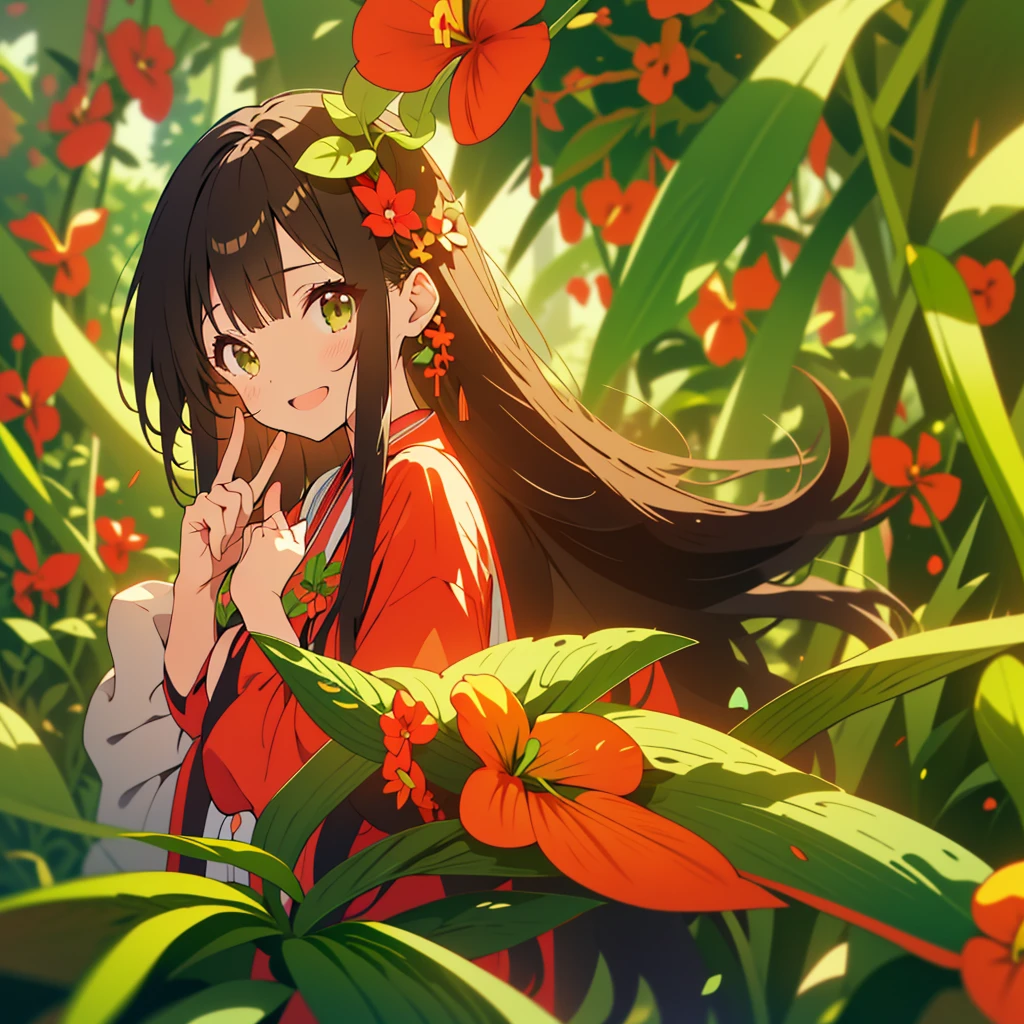 kawaii, anime, Cute, hyper quality, highly detailed, 8k, Clarity, Draw facial expressions in detail, Girl with long dark brown hair and green eyes, anthurium, raise the index fingers of both hands, red anthurium, celebration, smile, raise your index finger, point up with your index finger,