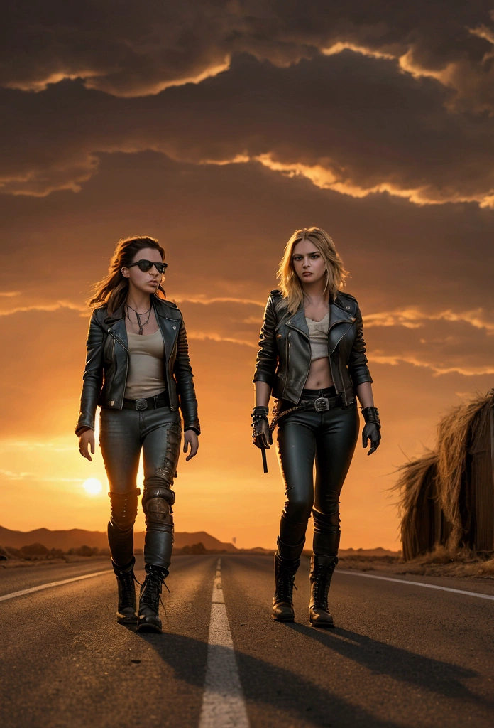 Imagine a girl in a leather jacket, tight jeans and combat boots, walking along a deserted road with a burning horizon at sunset, action, in the style of George Miller, post-apocalyptic, rugged.