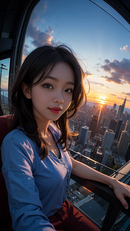 One girl, Korean, Fisheye Lens, Selfie, Wind, Messy Hair, sunset, Cityscape, (Aesthetics and atmosphere:1.2),smile