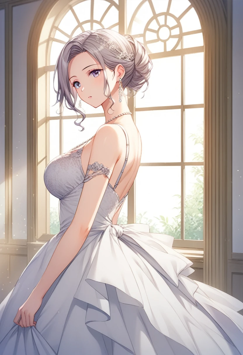 Very light pink lace thong bra,  (((Very elegant and beautiful, Perfect detail, Very detailed))), whole body, The most detailed girl, Written boundary depth, 美しく詳細なwhole body, Thin legs, 1 girl, 23 years old, Short Hair, Spiked Hair, Gray and silver hair, Beautiful detailed hair, Perfect Face, Expressionless, Beautiful, detailed, deep eyes, Please open your mouth a little, Delicate arms and hands, Pale skin, Earrings, Beautiful and gorgeous necklace, Colorful background, HD background, Blurred Background, Very delicate and beautiful, masterpiece, (((Highest quality, Very beautiful 8K CG wallpaper))), (((Trendy hairstyles))), (Inside the room,Stylish interior,window),