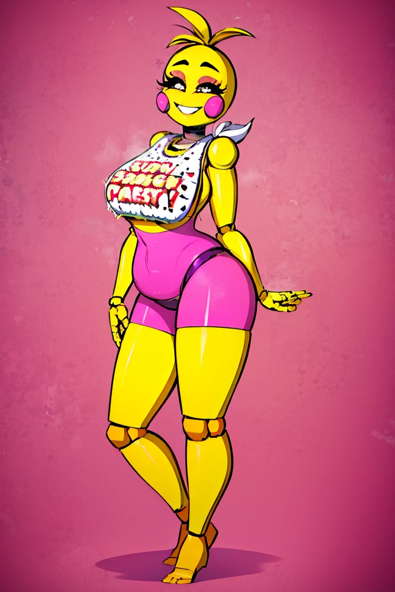 Chica from Five Nights at Freddy's, ((insanely big thighs)), ((fat rolls)), ((gigantic hips)), massive lower body, (thighs several times wider than body), thighs occupy lower half of frame, ((massive thighs)), ((ssbbw)), ((obese)), plain pink panties, torn panties, back turned to viewer, looking at viewer, (entire pizza in hand), bent over, ((insanely obese butt)), booty, black sclera, white pupils, (smirk), ((incredibly wide booty))