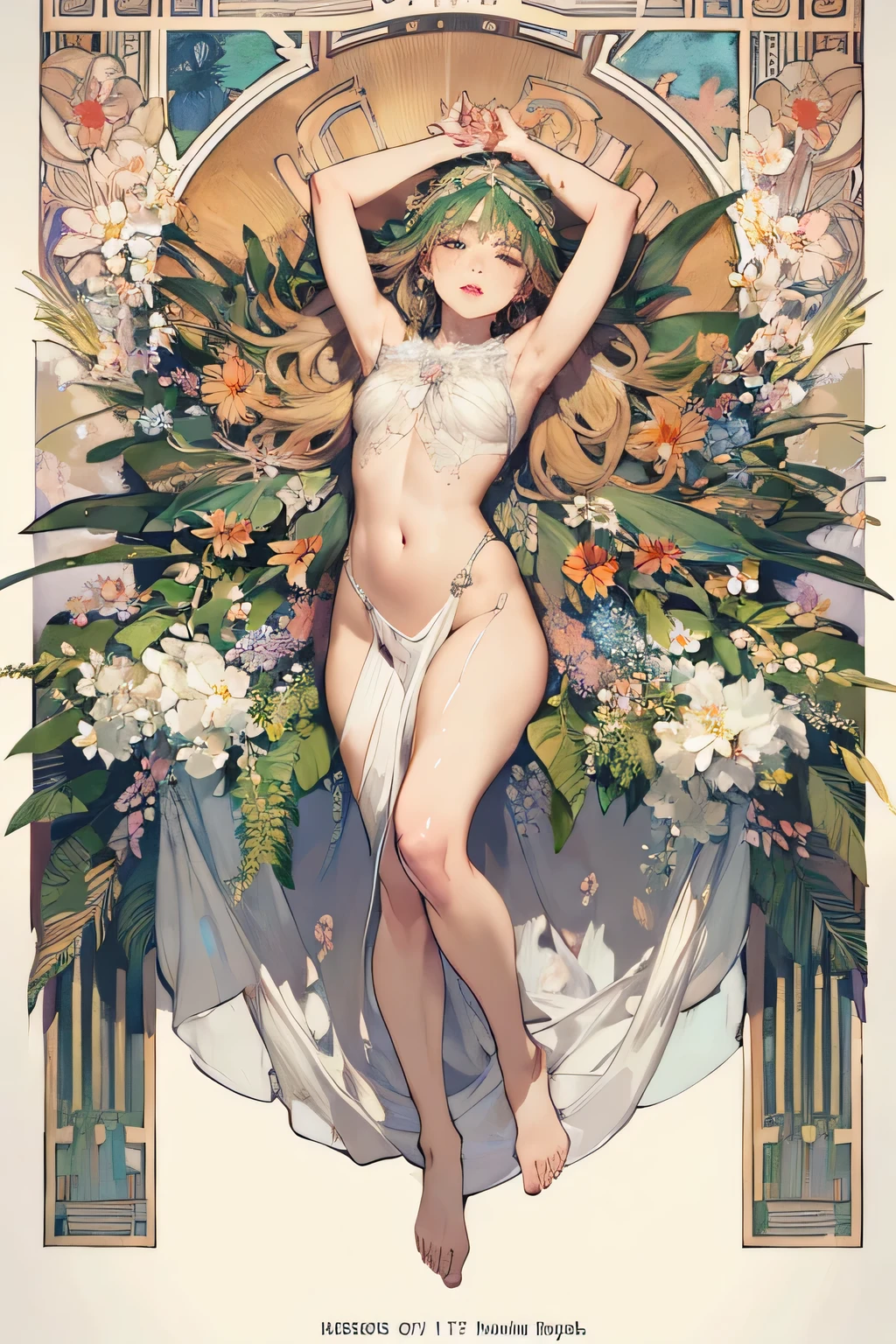 posters,(mucha:1.2),((art deco,Botanical Art,Flower Art)),(florals:1.2),Lily flower, (masterpiece, Highest quality),(Vibrant colors,colorful),(Amazing details,Detailed Background),Anatomically correct,Accurate drawing,Detail view,Sense of luxury,Watery eyes, (Sleep in a luxurious bed 1.6) (Full body display 1.4) This work is a masterpiece, The highest quality and attention to detail, captured in 8K high resolution. Photographic Realistic, Realistic, very detailed illustrations Realistic, Octane Rendering,Embarrassing,Healthy skin, Sensual look,