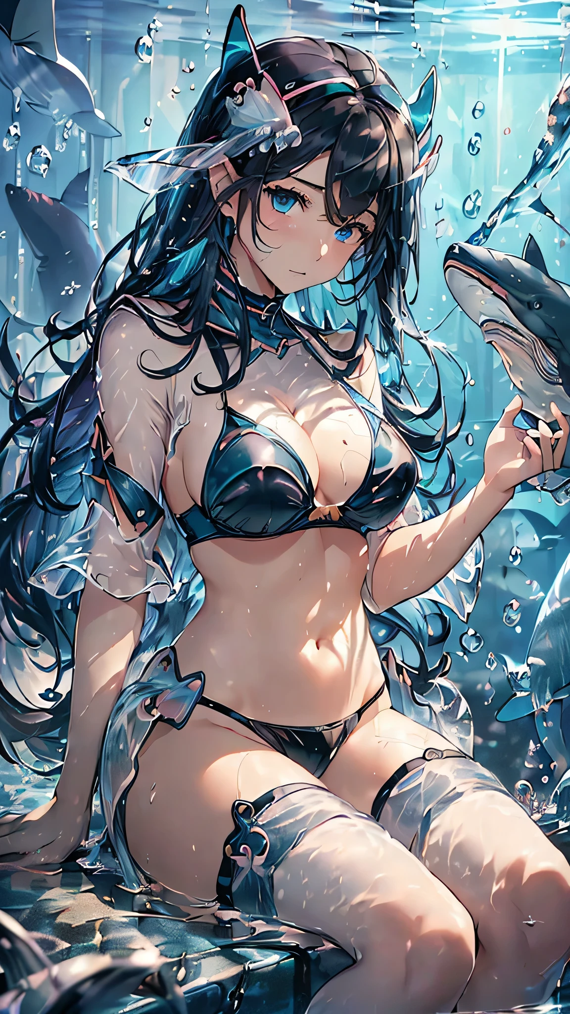 最high quality、Best image quality、masterpiece、With a girl((cute、、Best Bust、Medium Bust、Beautiful Blue Eyes、Spread your chest wide,Black Hair、Disheveled Hair、thin、Highest Valley、Black Bikini(1:2)、My whole body is wet、Have a cider、See-through shirt)）high quality、Beautiful art、background((aquarium、shark、Space Sky、Whales、Dolphin)),Tabletop、Exquisite design、Visual Arts、Written boundary depth、Best lighting、Highest detail、8ｋ