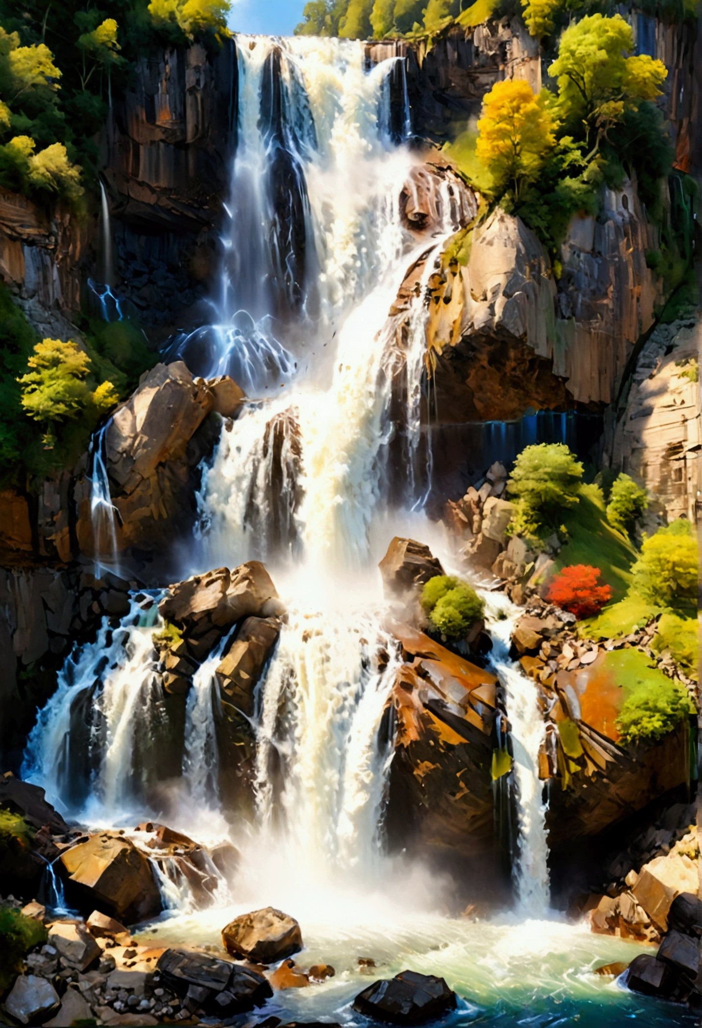 a ((low angle shot: 1.5)), from below of an epic waterfall, there is an epic waterfall coming out of an epic cliff, ((standing really close to the waterfall)) the water coming down in earnest, there is a rainbow reflected on the  water, vibrant, Ultra-high resolution, High Contrast, (masterpiece:1.5), highest quality, Best aesthetics), best details, best quality, highres, 16k, (ultra detailed: 1.5), masterpiece, best quality, (extremely detailed) RAW, (ultra details, Masterpiece, best quality),  ral-czmcrnbw