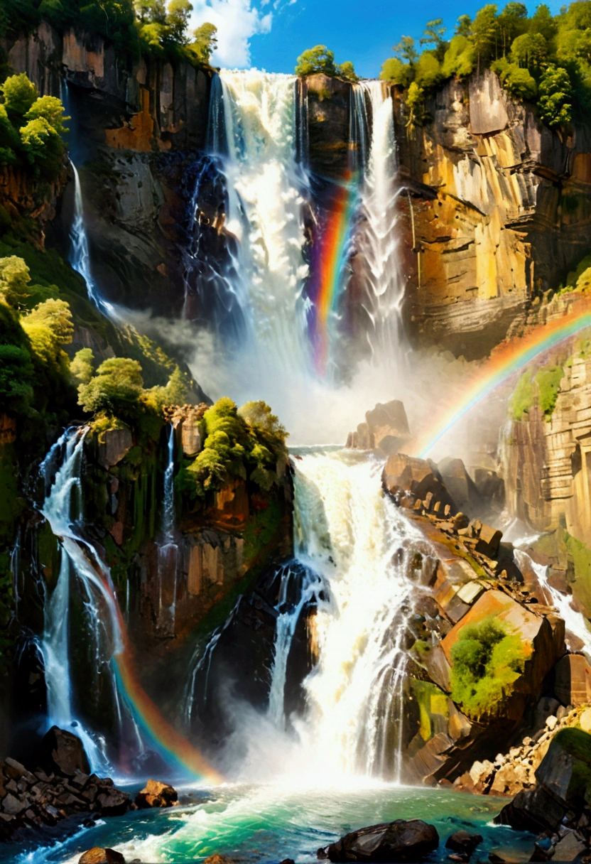 a ((low angle shot: 1.5)), from below of an epic waterfall, there is an epic waterfall coming out of an epic cliff, ((standing really close to the waterfall)) the water coming down in earnest, there is a rainbow reflected on the  water, vibrant, Ultra-high resolution, High Contrast, (masterpiece:1.5), highest quality, Best aesthetics), best details, best quality, highres, 16k, (ultra detailed: 1.5), masterpiece, best quality, (extremely detailed) RAW, (ultra details, Masterpiece, best quality),  ral-czmcrnbw