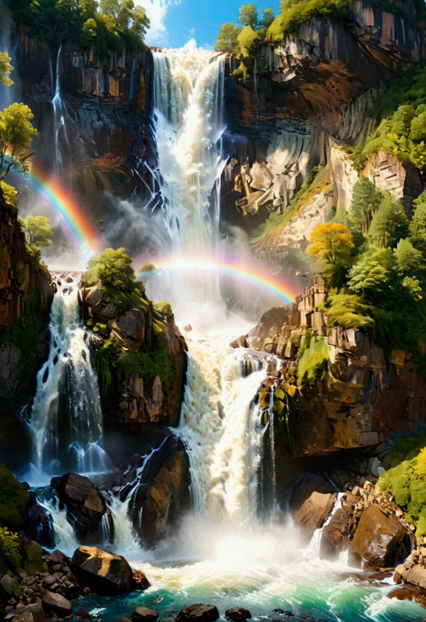 a ((low angle shot: 1.5)), from below of an epic waterfall, there is an epic waterfall coming out of an epic cliff, ((standing really close to the waterfall)) the water coming down in earnest, there is a rainbow reflected on the  water, vibrant, Ultra-high resolution, High Contrast, (masterpiece:1.5), highest quality, Best aesthetics), best details, best quality, highres, 16k, (ultra detailed: 1.5), masterpiece, best quality, (extremely detailed) RAW, (ultra details, Masterpiece, best quality),  ral-czmcrnbw