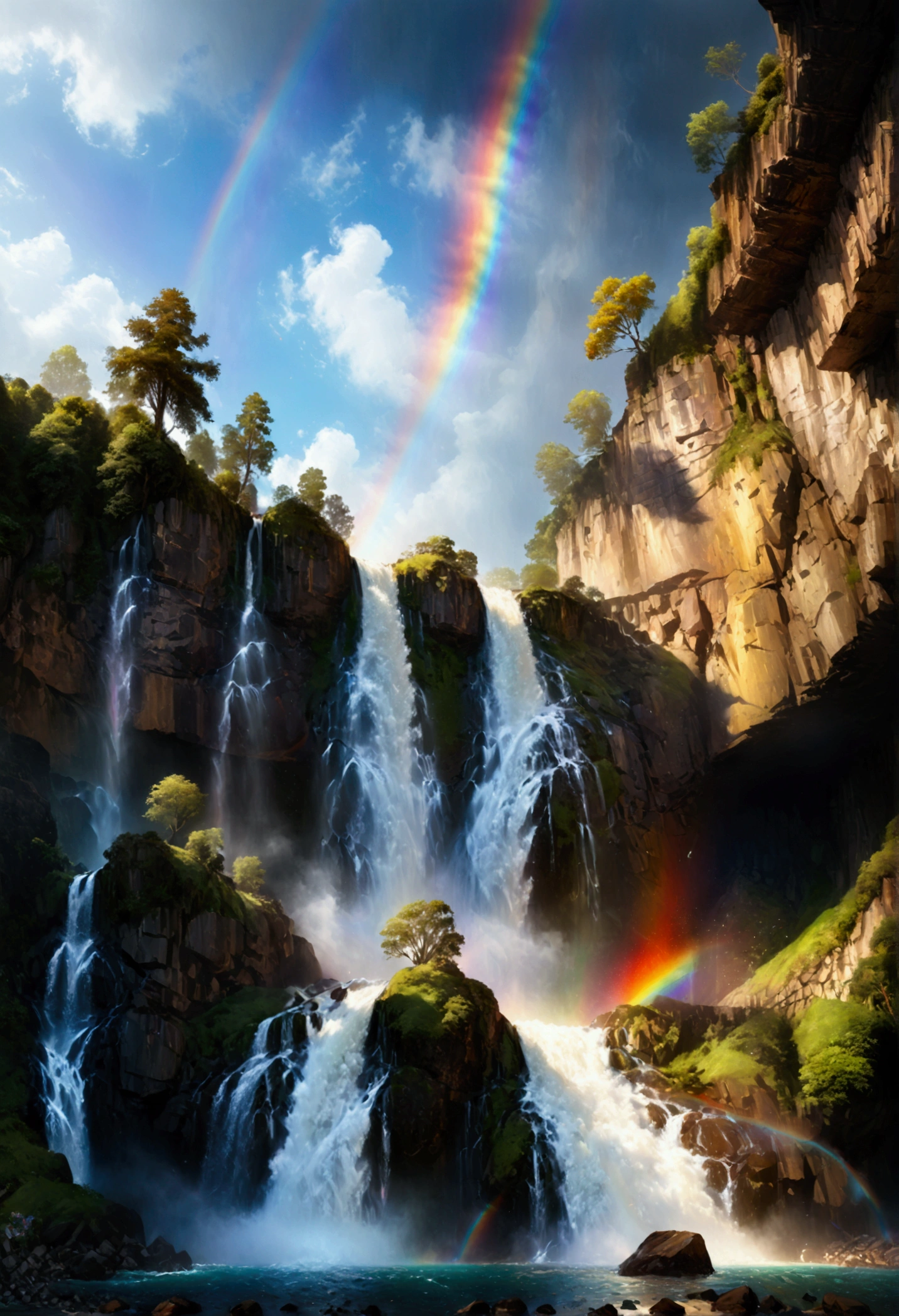 a ((low angle shot: 1.5)), from below of an epic waterfall, there is an epic waterfall coming out of an epic cliff, ((standing really close to the waterfall)) the water coming down in earnest, there is a rainbow reflected on the  water, vibrant, Ultra-high resolution, High Contrast, (masterpiece:1.5), highest quality, Best aesthetics), best details, best quality, highres, 16k, (ultra detailed: 1.5), masterpiece, best quality, (extremely detailed) RAW, (ultra details, Masterpiece, best quality),  ral-czmcrnbw