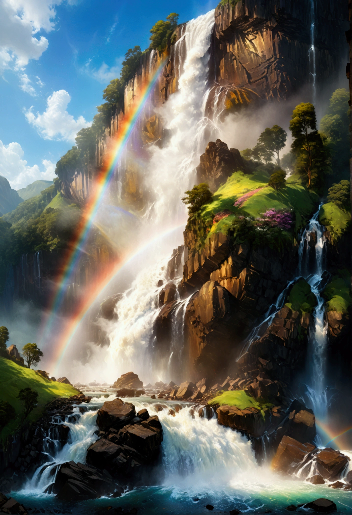 a ((low angle shot: 1.5)), from below of an epic waterfall, there is an epic waterfall coming out of an epic cliff, ((standing really close to the waterfall)) the water coming down in earnest, there is a rainbow reflected on the  water, vibrant, Ultra-high resolution, High Contrast, (masterpiece:1.5), highest quality, Best aesthetics), best details, best quality, highres, 16k, (ultra detailed: 1.5), masterpiece, best quality, (extremely detailed) RAW, (ultra details, Masterpiece, best quality),  ral-czmcrnbw