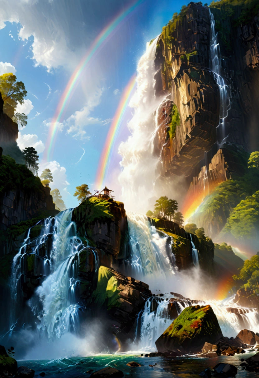 a ((low angle shot: 1.5)), from below of an epic waterfall, there is an epic waterfall coming out of an epic cliff, ((standing really close to the waterfall)) the water coming down in earnest, there is a rainbow reflected on the  water, vibrant, Ultra-high resolution, High Contrast, (masterpiece:1.5), highest quality, Best aesthetics), best details, best quality, highres, 16k, (ultra detailed: 1.5), masterpiece, best quality, (extremely detailed) RAW, (ultra details, Masterpiece, best quality),  ral-czmcrnbw