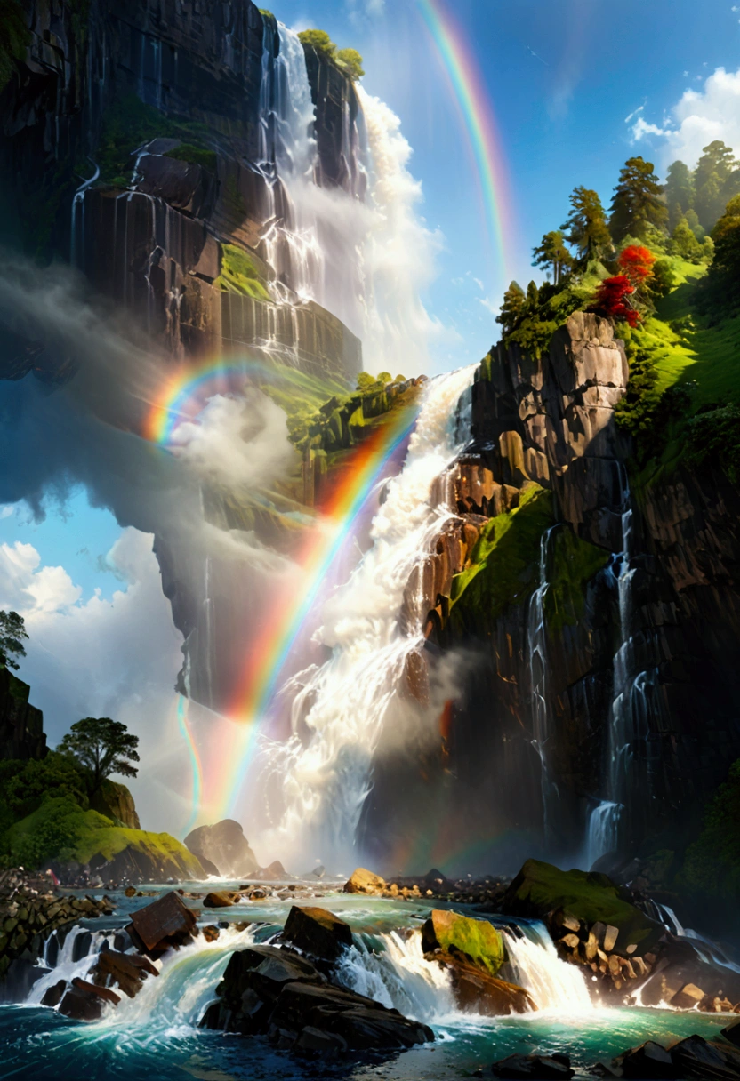 a ((low angle shot: 1.5)), from below of an epic waterfall, there is an epic waterfall coming out of an epic cliff, ((standing really close to the waterfall)) the water coming down in earnest, there is a rainbow reflected on the  water, vibrant, Ultra-high resolution, High Contrast, (masterpiece:1.5), highest quality, Best aesthetics), best details, best quality, highres, 16k, (ultra detailed: 1.5), masterpiece, best quality, (extremely detailed) RAW, (ultra details, Masterpiece, best quality),  ral-czmcrnbw