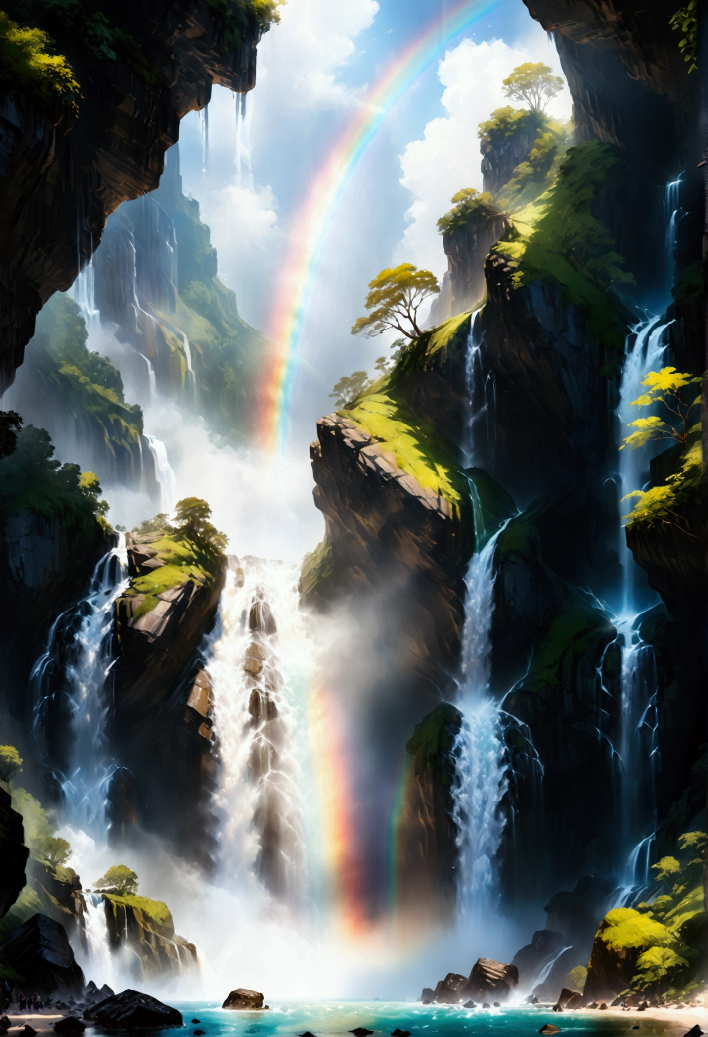 a ((low angle shot: 1.5)), from below of an epic waterfall, there is an epic waterfall coming out of an epic cliff, ((standing really close to the waterfall)) the water coming down in earnest, there is a rainbow reflected on the  water, vibrant, Ultra-high resolution, High Contrast, (masterpiece:1.5), highest quality, Best aesthetics), best details, best quality, highres, 16k, (ultra detailed: 1.5), masterpiece, best quality, (extremely detailed) RAW, (ultra details, Masterpiece, best quality),  ral-czmcrnbw