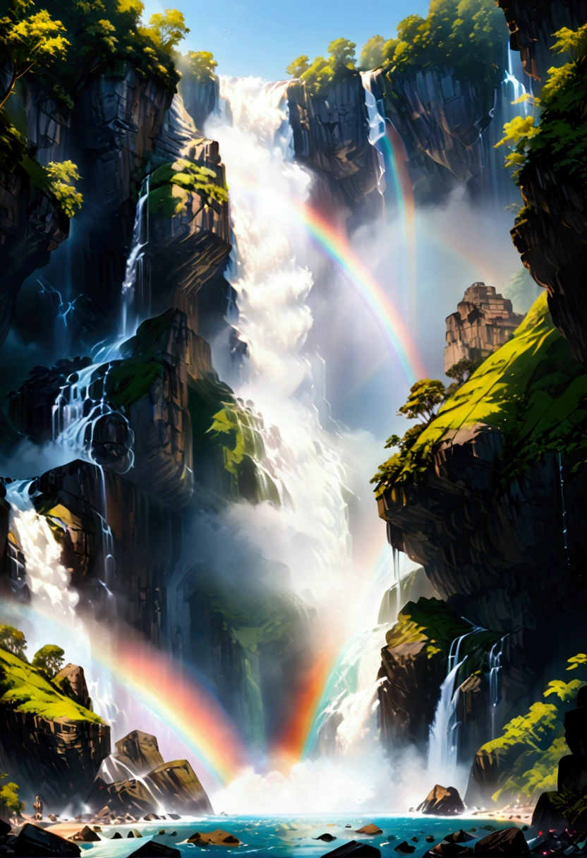 a ((low angle shot: 1.5)), from below of an epic waterfall, there is an epic waterfall coming out of an epic cliff, ((standing really close to the waterfall)) the water coming down in earnest, there is a rainbow reflected on the  water, vibrant, Ultra-high resolution, High Contrast, (masterpiece:1.5), highest quality, Best aesthetics), best details, best quality, highres, 16k, (ultra detailed: 1.5), masterpiece, best quality, (extremely detailed) RAW, (ultra details, Masterpiece, best quality),  ral-czmcrnbw