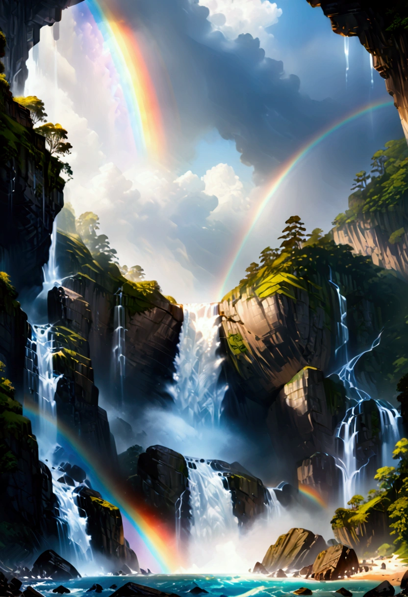 a ((low angle shot: 1.5)), from below of an epic waterfall, there is an epic waterfall coming out of an epic cliff, ((standing really close to the waterfall)) the water coming down in earnest, there is a rainbow reflected on the  water, vibrant, Ultra-high resolution, High Contrast, (masterpiece:1.5), highest quality, Best aesthetics), best details, best quality, highres, 16k, (ultra detailed: 1.5), masterpiece, best quality, (extremely detailed) RAW, (ultra details, Masterpiece, best quality),  ral-czmcrnbw