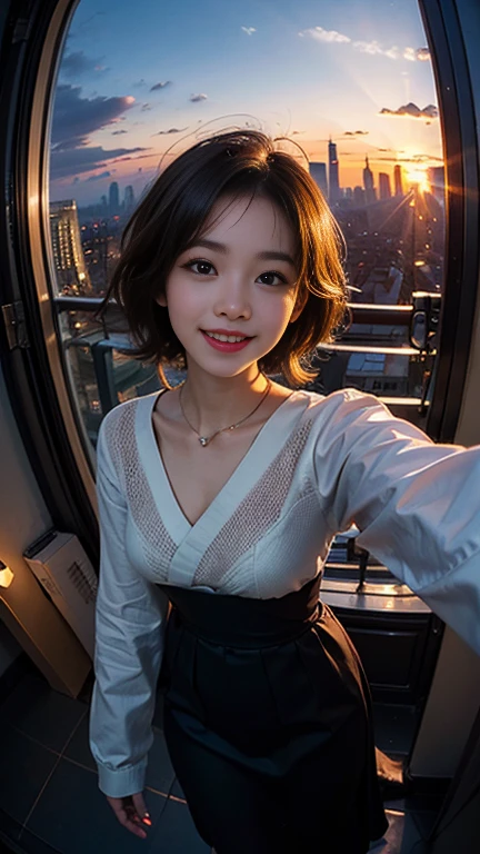 One girl, Korean, Fisheye Lens, Selfie, Wind, Messy Hair, sunset, Cityscape, (Aesthetics and atmosphere:1.2),smile