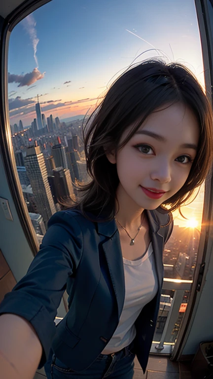 One girl, Korean, Fisheye Lens, Selfie, Wind, Messy Hair, sunset, Cityscape, (Aesthetics and atmosphere:1.2),smile