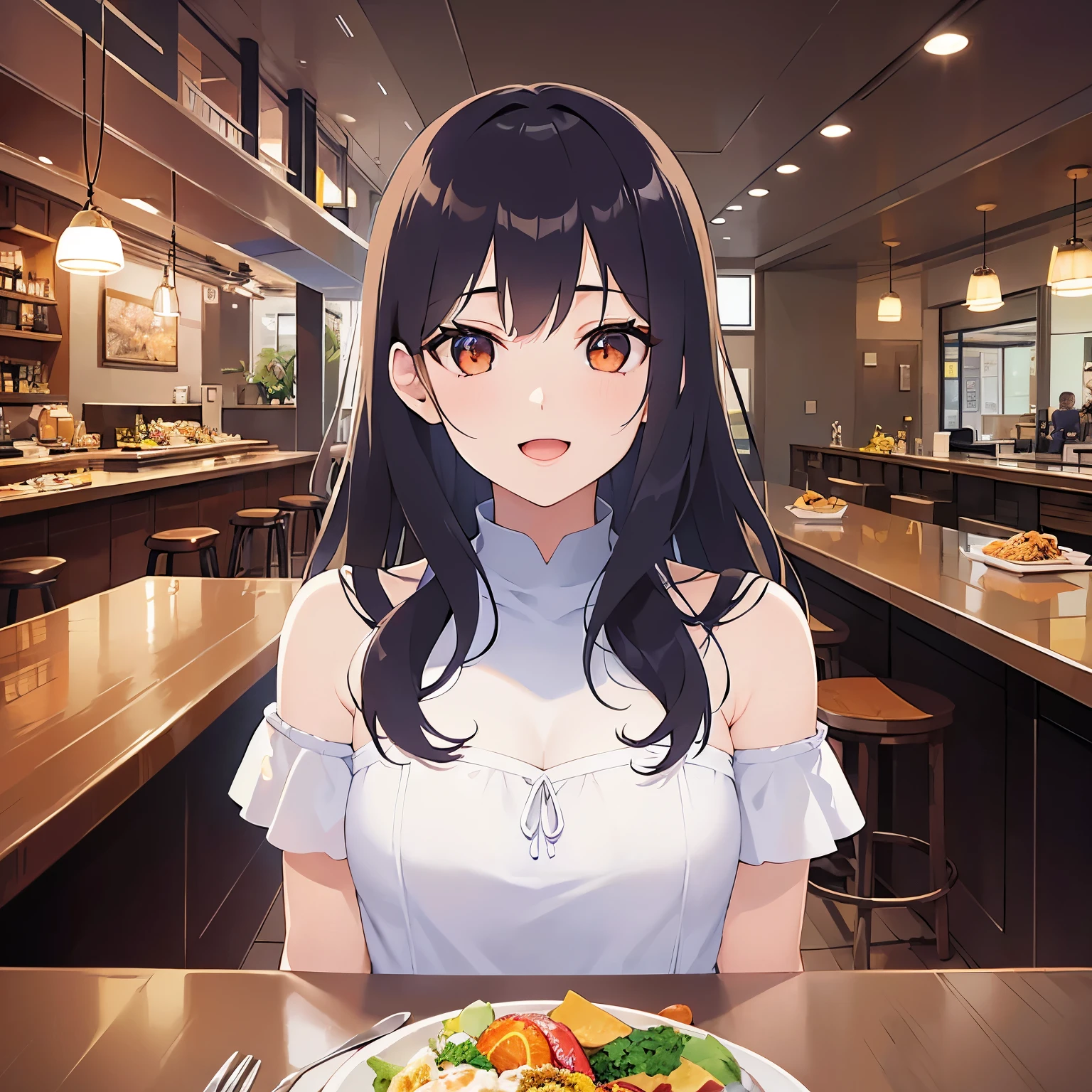 Cleavage、upper body、(pale skin: 1.2), shiny skin, shiny hair、(A 25-year-old woman with medium-length hair and bangs) and (wavy hair) and (brown hair) and (orange eyes) , (white) and (off shoulder dress) 、open mouth, smile, The background is the interior of a restaurant at night.、Alone、Sitting、There is a salad on a plate on the table@where.sasa Task in progress