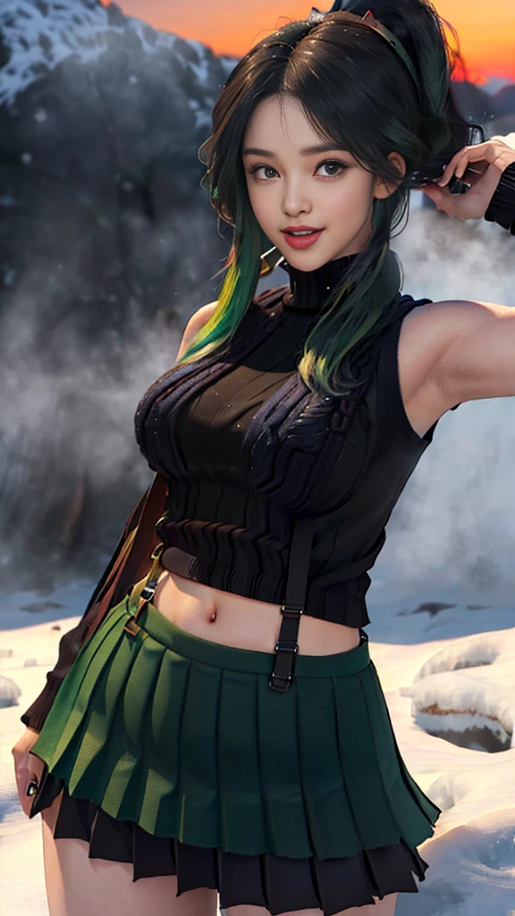 (((masterpiece:1.4, best quality:1.4, 8K, Ultra-high resolution, Physically Based Rendering))), Clear focus, Plane lighting, Super beautiful sexy woman, Very beautiful Japanese woman, Perfect body:1.1, 24 years old, Solitary, Exquisite big eyes, Detailed eyebrows, emphasize,Light green eyes，Intensely brightens eyes, The eyes are slightly bigger, Double eyelids,Red glasses，Red half frame glasses， (((Long ponytail hairstyle，black hair and green hair, Good-looking hair accessories))), (The strong wind blows your hair:1.4), Highly detailed face and skin texture, Slim and beautiful:1.4, ((Super Sexy Black Navel Sweater:1.5, turtleneck sweater, sleeveless:1.4)), (((Medium breasts:1.2))), Slim abdominal muscles, Yao Liuer, ((Black pleated suspender skirt:1.5), Clear facial features, (Smile:1.1, open mouth:1.1, steam:1.4), Looking at the audience, (Front view), (Snowfield at dusk:1.4),