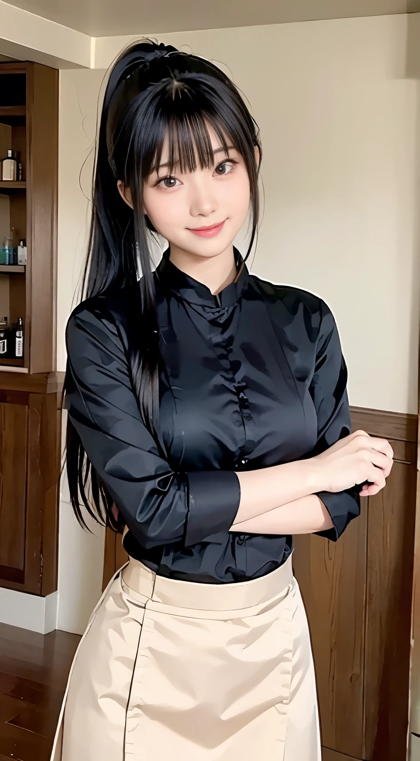 (highest quality,masterpiece:1.3,Ultra-high resolution,),(Very detailed,Caustics),(Photorealistic:1.4,RAW shooting,)Ultra-Realistic Capture,Very detailed,High resolution 16K human skin closeup。 Natural skin texture、,Pores、、、、It must be detailed enough to be easily identifiable。 Skin tone is even and healthy looking。 Use natural light and color,restaurant,Waitress Uniform,1 girl,Japanese,18-year-old,cute,Black-haired,ponytail,Big Breasts,smile,Turn your body forward,(Front view:1.1),Looking at the camera,Cowboy Shot,