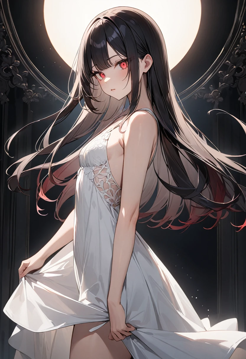 (masterpiece, top quality, very aesthetic, 4k、illustration), intricate detail, 1woman,、solo,contrapposto glowing eyes、,(cowboy shot)、(),beautiful face、from side、clear face、straight hair、red to black gradient hair、,middle hair,sidelock ,red　eyes、white Summer Dresses、small breasts、Slim 、