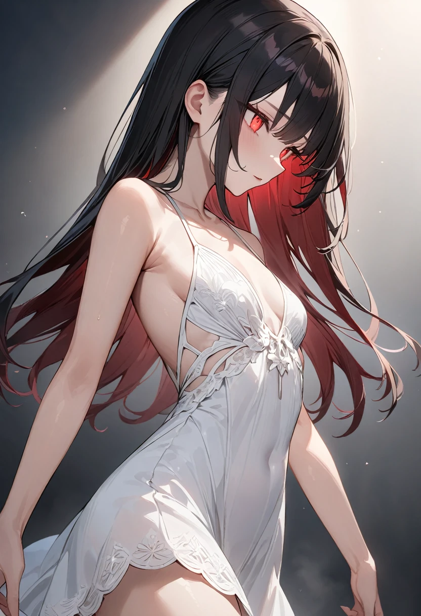 (masterpiece, top quality, very aesthetic, 4k、illustration), intricate detail, 1woman,、solo,contrapposto glowing eyes、,(cowboy shot)、(),beautiful face、from side、clear face、straight hair、red to black gradient hair、,middle hair,sidelock ,red　eyes、white Summer Dresses、small breasts、Slim 、