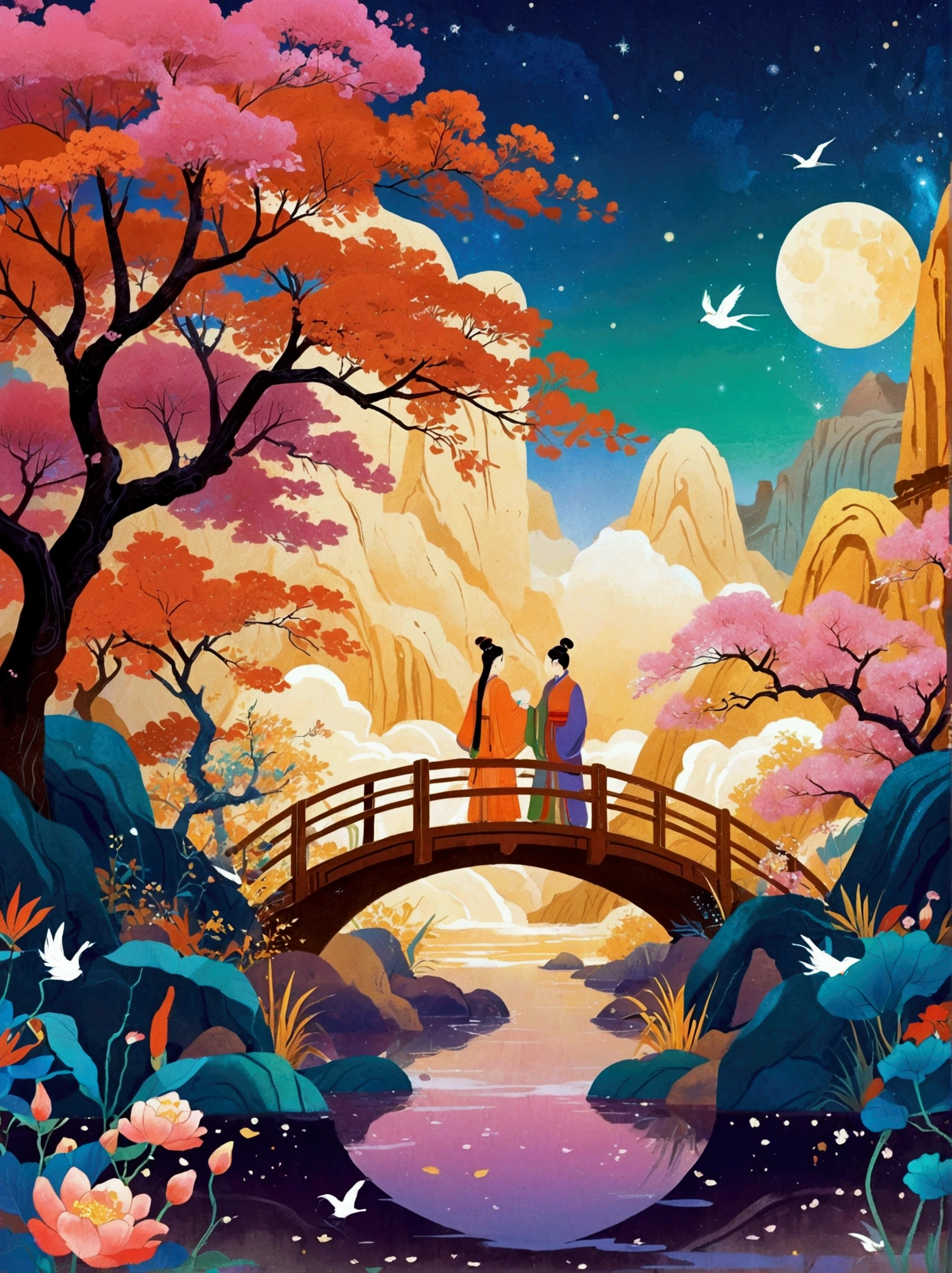 (((8k,Bright colors,Bright,Ultra high saturation,rgb, Colorful))), Chinese style,There are two people on the poster,Cowherd and Weaver Girl standing on an elegant bridge,The background is dreamy pink and purple,White magpies circling around them in the night sky,Surrounded by stars,Create a dreamy atmosphere,It is created in the style of Hayao Miyazaki's anime,In the foreground,There are some flowers in front,High Definition,High Detail,Dunhuang mural style,Dunhuang bright colors,Dunhuang Elements,Flat illustration