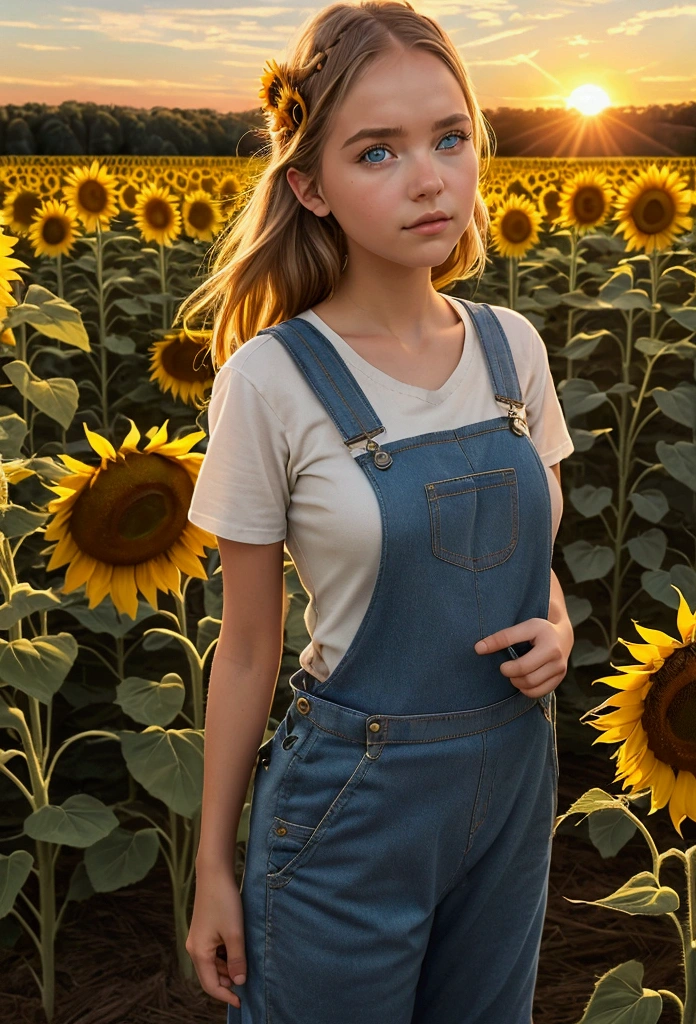 Imagine a girl in overalls and work boots, in a field of sunflowers at dawn, watching the birds wake up to the new day, Drama, in the style of Terrence Malick, poetic, pastoral.