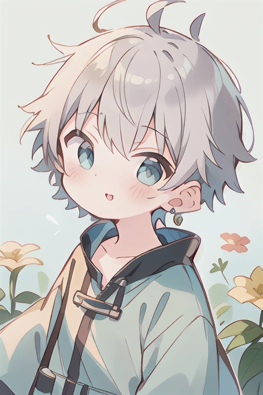 Highest quality, (high quality),eye highlights,arms are thin, thin body,face,from front, (portrait),look at viewer,have flowers,very happy smile,Pouting mouth,open your mouth and laugh,(((10 years old))), (1 boy),(silver hair),(very short hair),earrings,parka,illustration,anime style, 