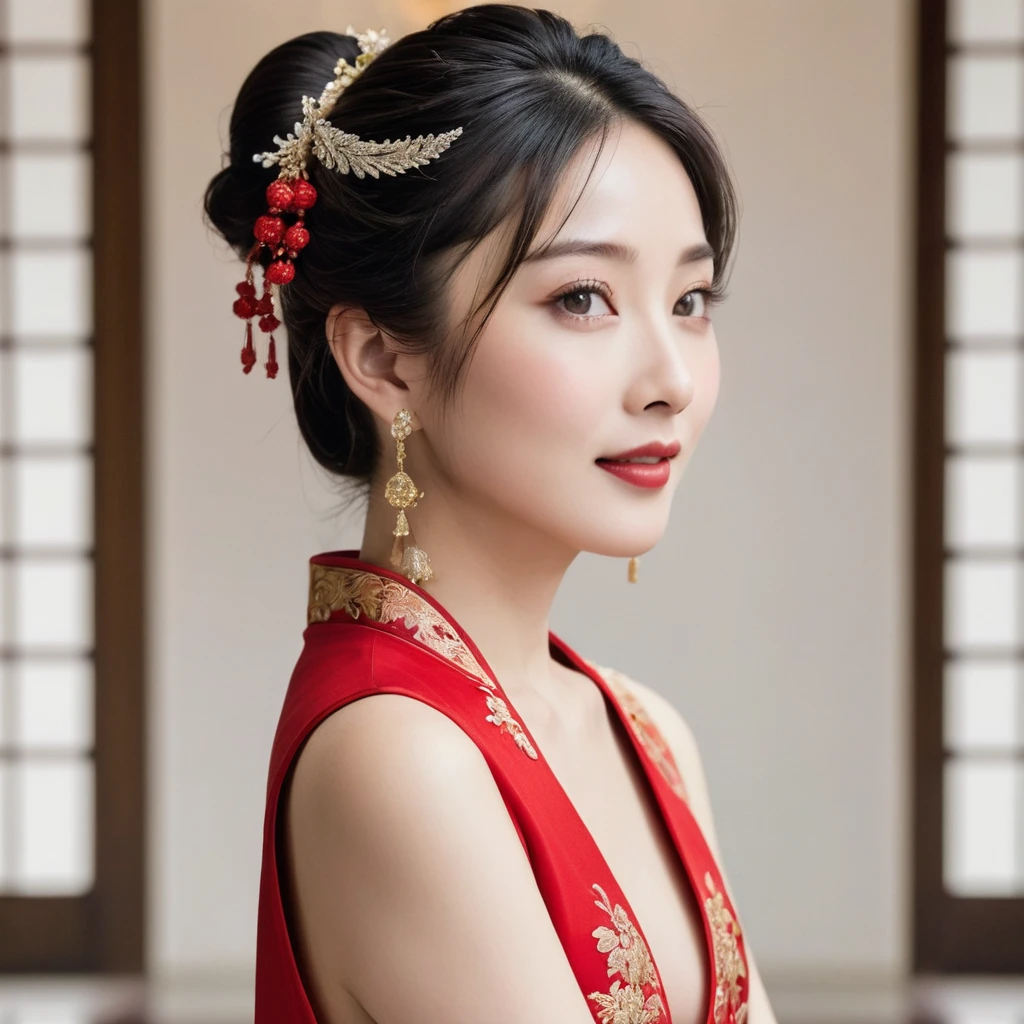 ((Highest quality)), ((masterpiece)), (detailed), (Perfect Face)、The woman is Satomi Ishihara, with her medium-long hair tied up in a bun, wearing a gorgeous red Chinese dress with gold embroidery and trim, a long slit that shows off her thighs, and is dressed luxuriously with gorgeous accessories and an engagement ring.、The woman is smiling gently、The woman is in a luxurious palace in China, embracing and kissing a handsome and dignified middle-aged Chinese man, making love and getting married.