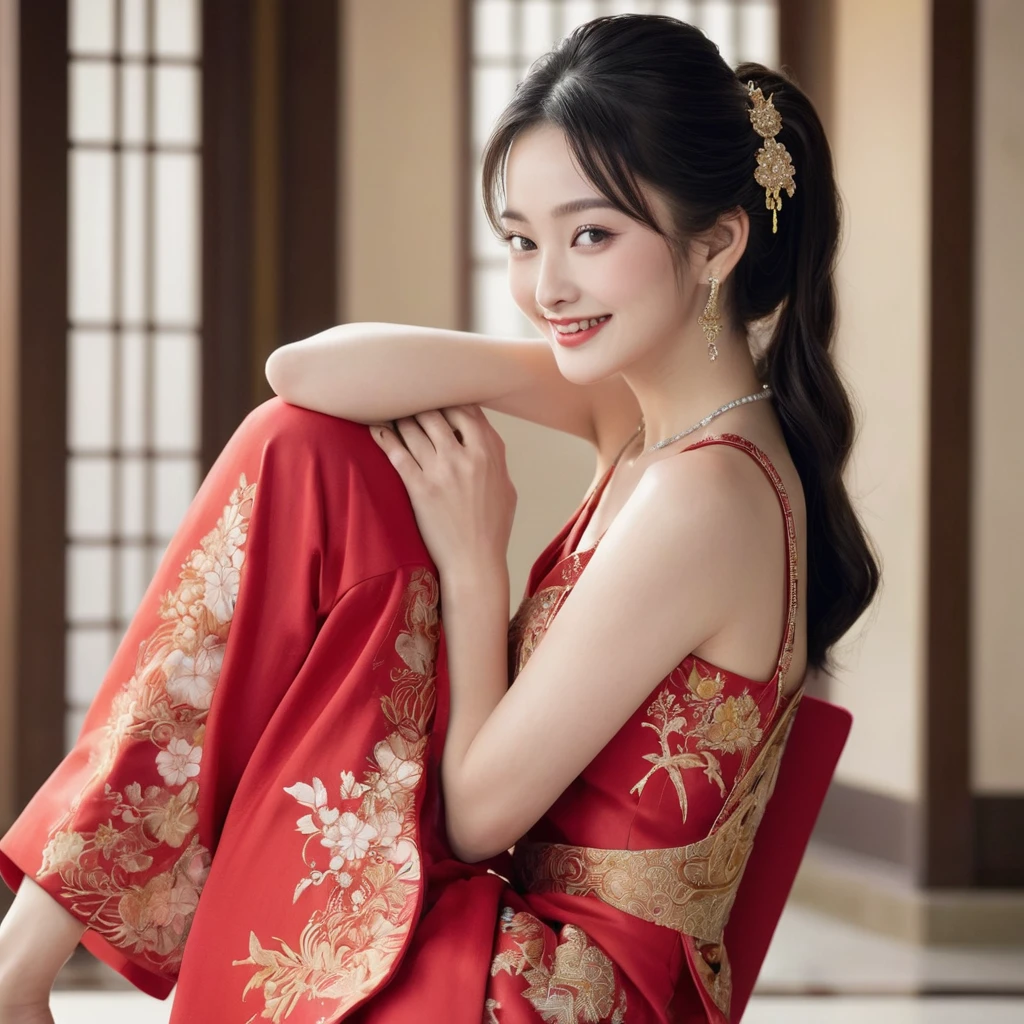 ((Highest quality)), ((masterpiece)), (detailed), （Perfect Face）、The woman is Satomi Ishihara, with her medium-long hair tied up in a bun, wearing a gorgeous red Chinese dress with gold embroidery and trim, a long slit that shows off her thighs, and is dressed luxuriously with gorgeous accessories and an engagement ring.、The woman is smiling gently、The woman is in a luxurious palace in China, embracing and kissing a handsome and dignified middle-aged Chinese man, making love and getting married.