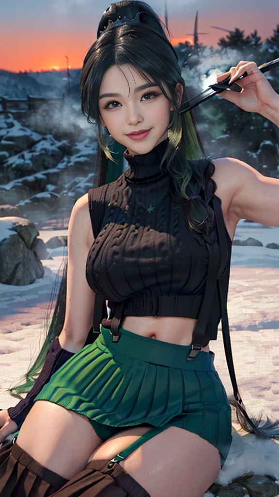 8K , Cute Idol , Baby Face , Cute , Masterpiece , 18 Yearsold , ((See Through Uniform:1.3)), ((Transculent:1.3)) , Lace , Ultra Large Bare Breast , Posing , Muscular , Sexy Look , Dramatic Pictures , Gorgeous , Mount Everest Background , Extremely Detailed , Angry Face , ((Hair Blowing:1.3)) , Green Hair