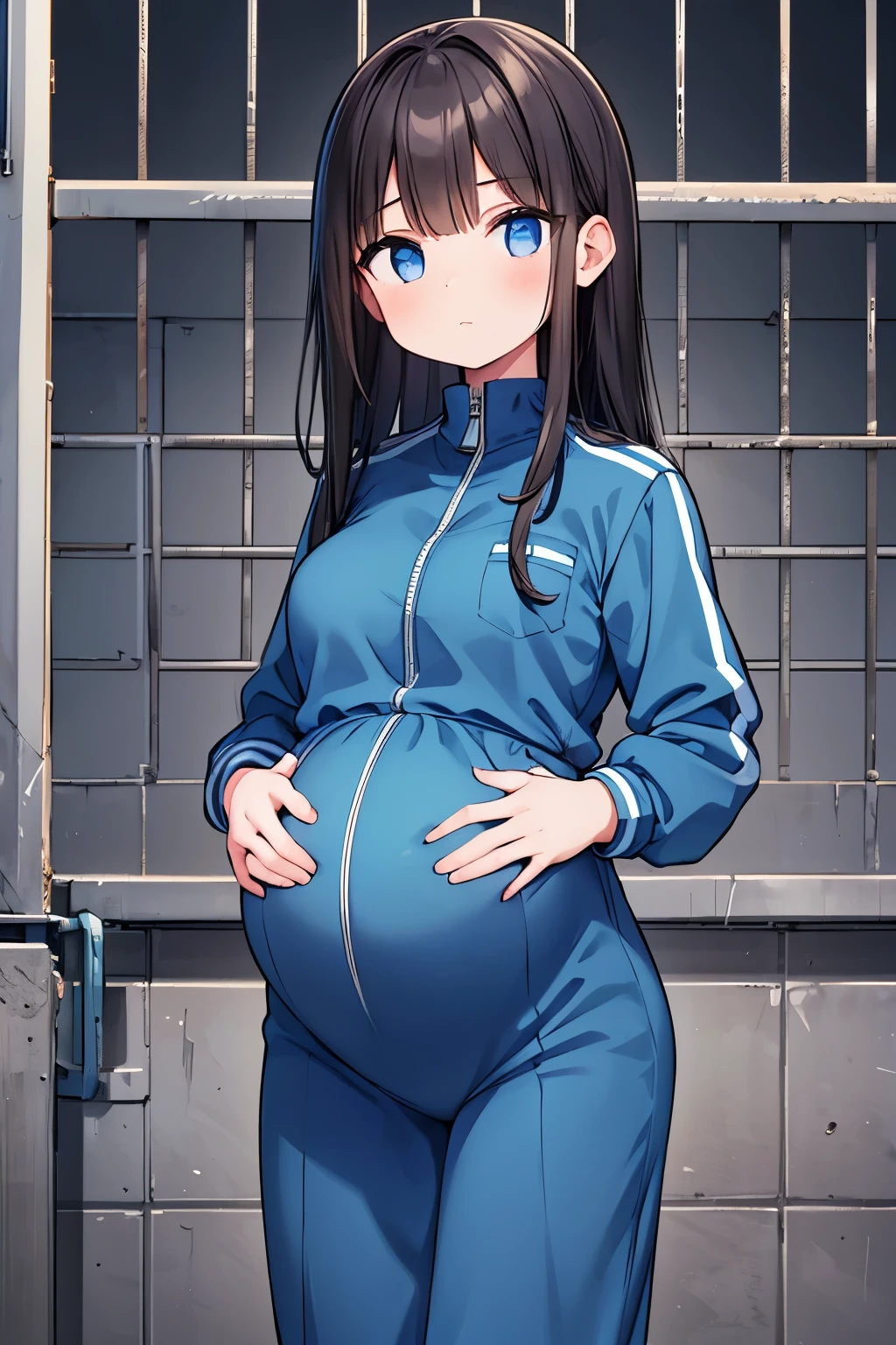 (high quality), 1girl, young girl, long dark hair, prisoner, (pregnant), prison uniform, jacket, standing, prison background, blueprint, (comfortable expressions, detailed eyes, facing at front)