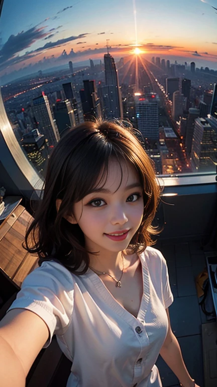 One girl, Korean, Fisheye Lens, Selfie, Wind, Messy Hair, sunset, Cityscape, (Aesthetics and atmosphere:1.2),smile