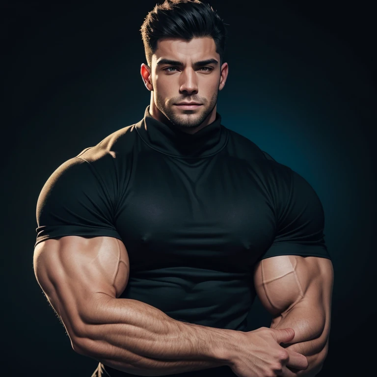 a very handsome young man, massively muscular, with massively large muscles, with massively large biceps, with massively large arms, wearing a simple black sweatshirt with long blue sleeves, on a black background