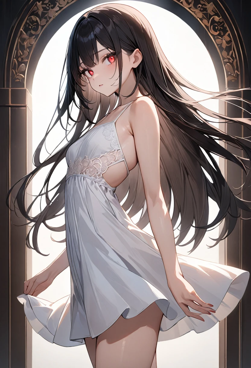 (masterpiece, top quality, very aesthetic, 4k、illustration), intricate detail, 1woman,、solo,contrapposto glowing eyes、,(cowboy shot)、(),beautiful face、from side、clear face、straight hair、red to black gradient hair、,middle hair,sidelock ,red　eyes、white Summer Dresses、small breasts、Slim 、