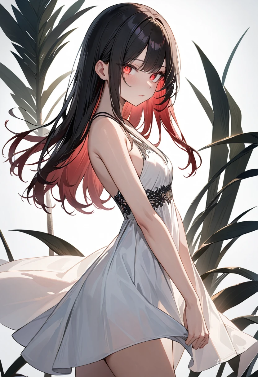 (masterpiece, top quality, very aesthetic, 4k、illustration), intricate detail, 1woman,、solo,contrapposto glowing eyes、,(cowboy shot)、(),beautiful face、from side、clear face、straight hair、red to black gradient hair、,middle hair,sidelock ,red　eyes、white Summer Dresses、small breasts、Slim 、